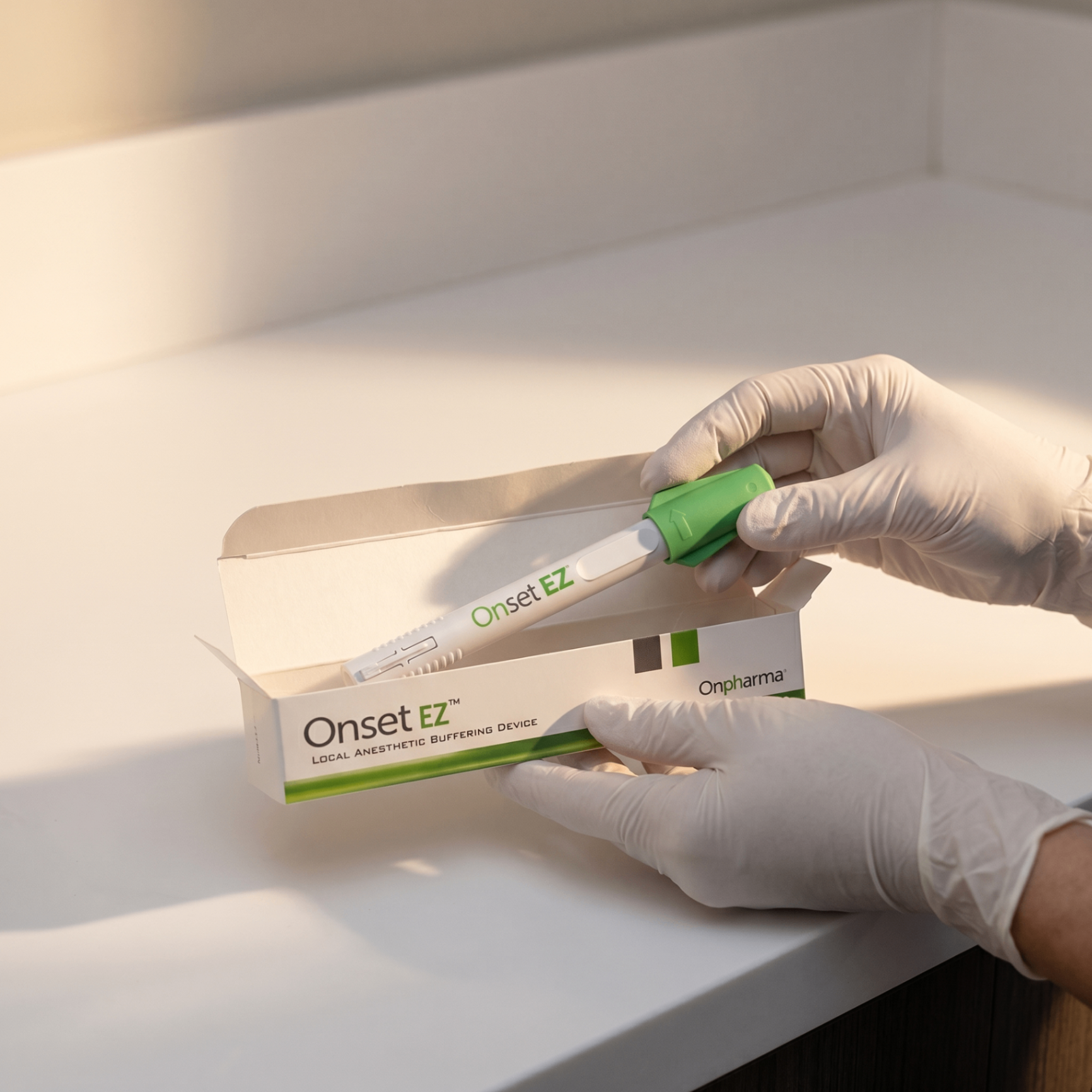 Clinician unboxing the Onset EZ Pen